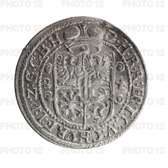 Obv. Bust facing right in mitre and electoral mantle. A sceptre in his right hand, the left resting on a sword hilt. The figure's head divides the inner border. On the rim between the borders is an inscription ending with a heart GEORG:WILHELM:V:G:G:M:Z:BRAND. Rev. Below the ducal mitre, a five-field coat of arms with ornaments. On the sides of the shield are the numerals of the dates 2-4. In the rim between the borders an inscription divided by a mitre, :H:R:R:ERT:C:V:CHVRF:I:P:Z:G:C:B:H, 1624. Ducal Prussia (1525-1701), Königsberg. Coin; diameter 33.0 mm; weight 6.41 g; axis 0°.