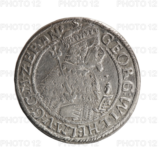 Male bust in armor; obverse: bust facing right in mitre and electoral mantle, sceptre in right hand, left resting on sword hilt; figure's head divides inner border; rim inscription ending with heart GEORG:WILHELM:V:G:G:M:Z:BRAN. Reverse: below ducal mitre, a five-field coat of arms with ornaments; date numerals 2-4 on sides of shield; rim inscription divided by a mitre D:H:R:R:ERT:C:V:CHVRF:I:P:Z:G:C:B:H. Inscription date: 1624. George William Hohenzollern (Elector of Brandenburg; Duke of Prussia; 1620–1640). Ducal Prussia (1525–1701), Königsberg. Coin; diameter 35.0 mm; weight 6.85 g; axis 0°. Maker: Pfahler, Ernest.