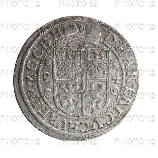 Male bust in armor, coats of arms — George William Hohenzollern (Elector of Brandenburg; Duke of Prussia; 1620–1640) — iconography. Obverse: bust facing right in mitre and electoral mantle, holding a sceptre in his right hand, left resting on a sword hilt; head divides the inner border. Rim inscription ending with a heart: GEORG:WILHELM:V:G:G:M:Z:BRAN. Reverse: below the ducal mitre, a five-field coat of arms with ornaments; date numerals 2-4 on the sides of the shield; rim inscription divided by a mitre D:H:R:R:ERT:C:V:CHVRF:I:P:Z:G:C:B:H. 1624. Ducal Prussia (1525–1701), Königsberg. Coin; diameter 35.0 mm; weight 6.85 g; axis 0°.