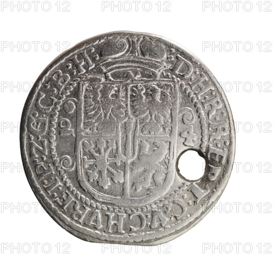 Obv. Male bust facing right in mitre and electoral mantle, holding a sceptre in his right hand with left resting on a sword hilt; the figure's head divides the inner border. In the rim between the borders is an inscription ending with a heart GEORG:WILHELM:V:G:G:M:Z:B. Below the ducal mitre, a five-field coat of arms with ornaments; date numerals 2-4 on the sides of the shield. In the rim between the borders an inscription divided by a mitre :D:H:R:R:E, T:C:V:CHVRF:I:P:Z:G:C:B:H:. 1624. George William Hohenzollern (Elector of Brandenburg; Duke of Prussia; 1620–1640). Ducal Prussia (1525–1701), Königsberg. Coin: diameter 31.0 mm, weight 5.79 g, axis 0°.