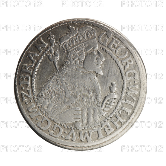 Obv. Bust facing right in mitre and electoral mantle. A sceptre in his right hand, the left resting on a sword hilt. The figure's head divides the inner border. On the rim between the borders is an inscription ending with a heart GEORG:WILHELM:V:G:G:M:Z:BRAN. Rev. Below the ducal mitre, a five-field coat of arms with ornaments. On the sides of the shield are the numerals of the dates 2-4. In the rim between the borders an inscription divided by a mitre and ending with a trefoil D:H:R:R:ERT:C:V:CHVRF:I:P:Z:G:C:B:H. 1624. George William Hohenzollern (Elector of Brandenburg; Duke of Prussia; 1620–1640). Ducal Prussia (1525–1701), Königsberg. Coin: diameter 36.0 mm, weight 6.85 g, axis 0°. Materials: coin; iconography includes coats of arms, male bust in armor. Maker: Ernest Pfahler.