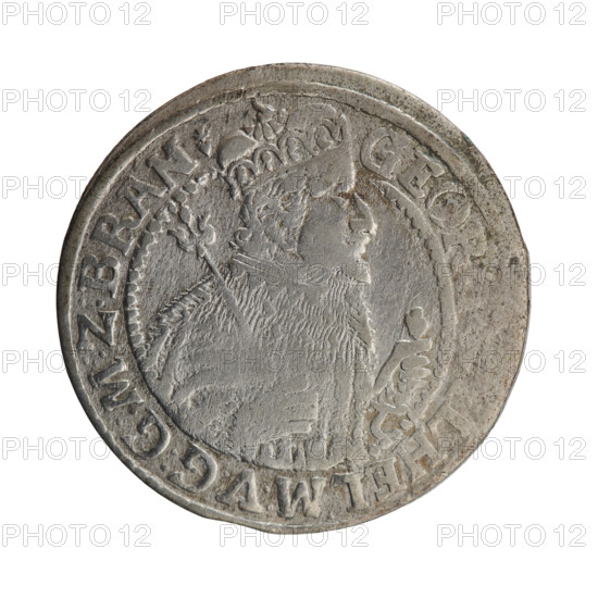 Obv. Bust facing right in mitre and electoral mantle. A sceptre in the right hand, the left resting on a sword hilt. The figure's head divides the inner border. On the rim between the borders is an inscription ending with a heart GEOR, HELM:V:G:G:M:Z:BRAN. Under the ducal mitre, a five-field coat of arms with ornaments. On the sides of the shield are the numerals of the dates 2-4. In the rim between the borders an inscription divided by a mitre D:H:R, R:ERT:C:V:CHVRF:I:P, H:, 1624. George William of Hohenzollern (Elector of Brandenburg; Duke of Prussia; 1620–1640). Ducal Prussia (1525–1701), Königsberg. Coin: diameter 32.0 mm, weight 7.66 g, axis 0°.