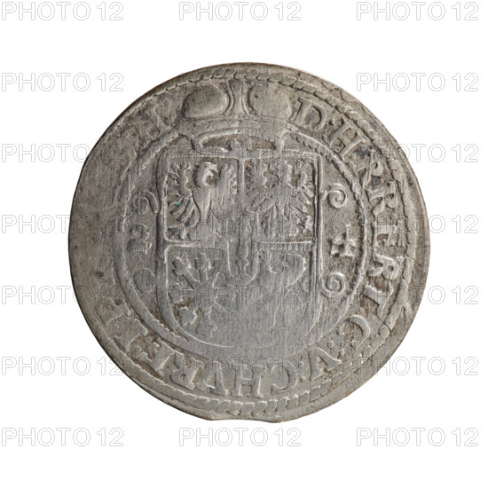 Obv. Bust facing right in mitre and electoral mantle. A sceptre in the right hand, the left resting on a sword hilt. The figure's head divides the inner border. On the rim between the borders is an inscription ending with a heart GEOR, HELM:V:G:G:M:Z:BRAN. Under the ducal mitre, a five-field coat of arms with ornaments. On the sides of the shield are the numerals of the dates 2-4. In the rim between the borders an inscription divided by a mitre D:H:R, R:ERT:C:V:CHVRF:I:P, H:, 1624. George William of Hohenzollern (Elector of Brandenburg; Duke of Prussia; 1620–1640). Ducal Prussia (1525–1701), Königsberg. Coin: diameter 32.0 mm, weight 7.66 g, axis 0°.
