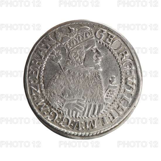 Obv. Bust facing right in mitre and electoral mantle. A sceptre in his right hand, the left resting on a sword hilt. The figure's head divides the inner border. On the rim between the borders is an inscription ending with a heart GEORG:WILHELM:V:G:G:M:Z:BRAN. Rev. Below the ducal mitre, a five-field coat of arms with ornaments. On the sides of the shield are the numerals of the dates 2-4. In the rim between the borders an inscription divided by a mitre :D:H:R, R:ERT:C:V:CHVRF:I:P:Z:G:C:B:H:, 1624. George William Hohenzollern (Elector of Brandenburg; Duke of Prussia; 1620–1640). Ducal Prussia (1525–1701), Königsberg. Coin; diameter 32.0 mm, weight 6.26 g, axis 0 deg.