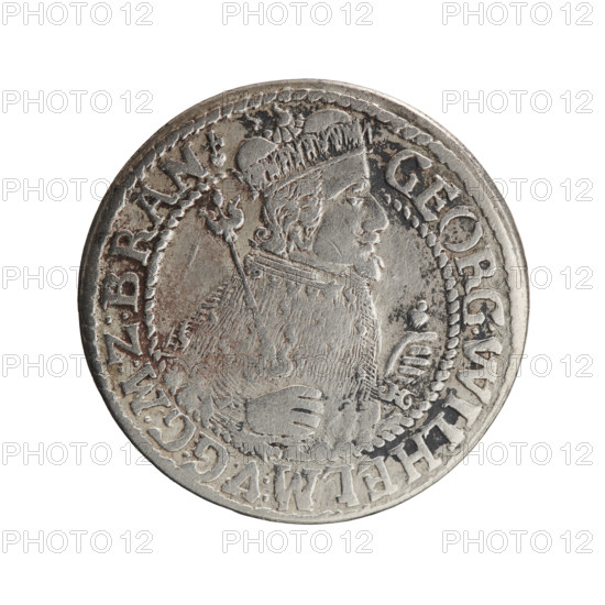 Obv. Bust facing right in mitre and electoral mantle. A sceptre in his right hand, the left resting on a sword hilt. The figure's head divides the inner border. On the rim between the borders is an inscription ending with a heart GEORG:WILHELM:V:G:G:M:Z:BRAN. Rev. Below the ducal mitre, a five-field coat of arms with ornaments. On the sides of the shield are the numerals of the dates 2-4. In the rim between the borders an inscription divided by a mitre D:H:R:R:ERT:C:V:CHVRF:I:P:Z:G:C:B:H. 1624. Ducal Prussia (1525–1701), Königsberg. Coin; diameter 33.0 mm; weight 6.33 g; axis 0°. George William Hohenzollern (Elector of Brandenburg; Duke of Prussia; 1620–1640) — iconography.
