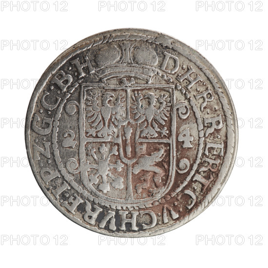 Obv. Bust facing right in mitre and electoral mantle. A sceptre in his right hand, the left resting on a sword hilt. The figure's head divides the inner border. On the rim between the borders is an inscription ending with a heart GEORG:WILHELM:V:G:G:M:Z:BRAN. Rev. Below the ducal mitre, a five-field coat of arms with ornaments. On the sides of the shield are the numerals of the dates 2-4. In the rim between the borders an inscription divided by a mitre D:H:R:R:ERT:C:V:CHVRF:I:P:Z:G:C:B:H. 1624. George William Hohenzollern (Elector of Brandenburg; Duke of Prussia; 1620–1640). Ducal Prussia (1525–1701), Königsberg. Coin: diameter 33.0 mm, weight 6.33 g, axis 0 deg.