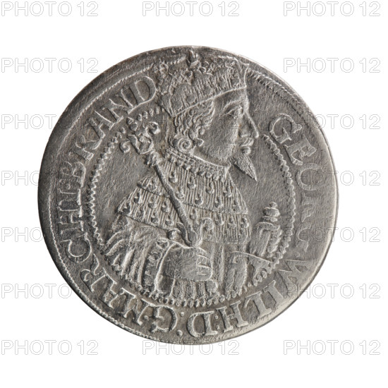 Obv. Bust facing right in mitre and electoral mantle. A sceptre in his right hand, the left resting on a sword hilt. The figure's head divides the inner border. In the rim between the borders is the inscription GEORG.WILH:D:G.MARCHI, RAND. Rev. Below the ducal mitre, a five-field coat of arms with ornaments. On the sides of the shield are the date numerals 2-5. In the rim between the borders an inscription separated by the hallmark SA.ROMI.MP.AR - CHIC.EL.D.PRVS. In the shield: eagle, griffin, lion, eagle. 1625. George William Hohenzollern (Elector of Brandenburg; Duke of Prussia; 1620–1640). Ducal Prussia (1525–1701), Königsberg. Coin: diameter 29.6 mm; weight 6.47 g; axis 0°. Made by Pfahler, Ernest. Coats of arms, male busts in armor; iconography.