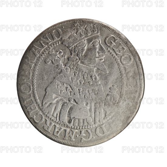Obv. Bust facing right in mitre and electoral mantle. A sceptre in the right hand, the left resting on a sword hilt. The figure's head divides the inner border. In the rim between the borders: inscription GEO, D:G.MARCHIO.BRAND. Rw. Below the ducal mitre, a five-field coat of arms with ornaments. On the sides of the shield are date numerals 2-5. In the rim between the borders an inscription separated by the hallmark SA.ROMI.MP.A, - CH, S. In the shield: eagle, griffin, lion, eagle. 1625. Ducal Prussia (1525–1701), Königsberg. Coin: diameter 29.4 mm, weight 6.22 g, axis 0°. Subject: George William Hohenzollern (Elector of Brandenburg; Duke of Prussia; 1620–1640). Iconography: coats of arms, male bust in armor. Materials/style: coin.