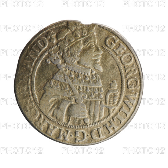 Obv. Bust facing right in mitre and electoral mantle. In the right hand a sceptre, the left resting on a sword hilt. The figure's head divides the inner border. On the rim between the borders is an inscription ending with a heart GEORG.WILH:DGMARCH.BRAND. Rev. Below the ducal mitre, a five-field coat of arms with ornaments. On the sides of the shield are the date numerals 2-5. In the rim between the borders an inscription divided by a mitre D.HRRERTZC.V.CHVRF.IPZGCBH. In the shield: eagle (Prussia), eagle (Brandenburg), bundle (Cleves), lion (Berg). 1625. Königsberg, Ducal Prussia (1525–1701). Coin: diameter 29.4 mm, weight 6.28 g, axis 0°. Maker: Pfahler, Ernest.