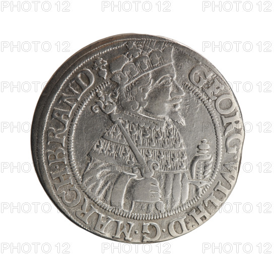 Obv. Bust facing right in mitre and electoral mantle. In the right hand a sceptre, the left resting on a sword hilt. The figure's head divides the inner border. On the rim between the borders is an inscription ending with a heart GEORG.WILH:DGMARCH.BRAND. Rev. Below the ducal mitre, a five-field coat of arms with ornaments. On the sides of the shield are the date numerals 2-5. In the rim between the borders an inscription divided by a mitre D.HRRERTZC.V.CHVRF.IPZGCBH. In the shield: eagle (Prussia), eagle (Brandenburg), bundle (Cleves), lion (Berg). 1625. Ducal Prussia (1525–1701). Königsberg. Coin: diameter 29.4 mm, weight 6.60 g, axis 0°.
