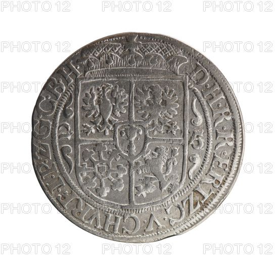 Obv.: Bust facing right in mitre and electoral mantle; right hand holding a sceptre, left resting on a sword hilt. Figure's head divides the inner border. Rim inscription ending with a heart GEORG.WILH:DGMARCH.BRAND. Rev.: Below the ducal mitre, a five-field coat of arms with ornaments; date numerals 2-5 on sides of the shield. Rim inscription divided by a mitre D.HRRERTZC.V.CHVRF.IPZGCBH. In the shield: eagle (Prussia), eagle (Brandenburg), bundle (Cleves), lion (Berg). Dated 1625. Ducal Prussia (1525–1701), Königsberg. Coin: diameter 29.4 mm, weight 6.60 g, axis 0°. Maker: Ernest Pfahler. Coats of arms, male bust in armor; iconography: George William Hohenzollern (Elector of Brandenburg; Duke of Prussia; 1620–1640).