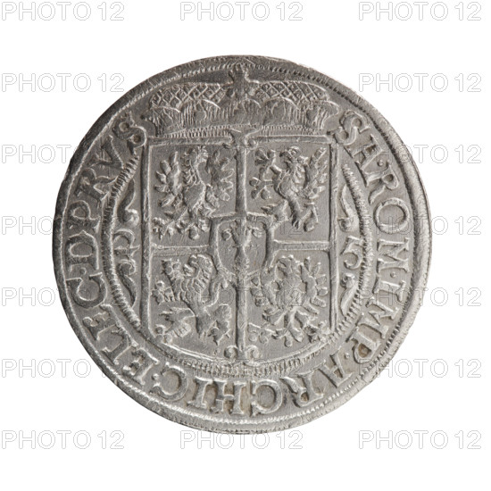 Obv. Bust facing right in mitre and electoral mantle. A sceptre in his right hand, the left resting on a sword hilt. The figure's head divides the inner border. On the rim between the borders is an inscription ending with a heart GEORG.WILH:D:G.MARCH.BRAND. Rev. Below the ducal mitre, a five-field coat of arms with ornaments. On the sides of the shield are the date numerals 2-5. In the rim between the borders an inscription divided by a mitre SA.ROM.IMP.ARCHIC.ELEC.D.PRVS. In the shield: eagle, griffin, lion, eagle. 1625. Ducal Prussia (1525–1701), Königsberg. Coin: diameter 29.4 mm, weight 6.30 g, axis 0°. Iconography: coats of arms, male busts in armor; George William Hohenzollern (Elector of Brandenburg; Duke of Prussia; 1620–1640). Maker: Pfahler, Ernest.