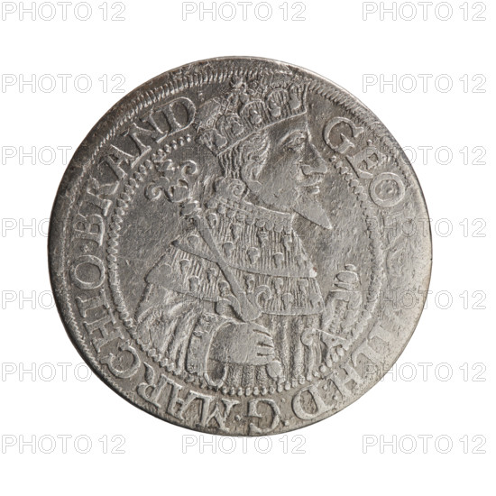 Obv. Bust facing right in mitre and electoral mantle. A sceptre in the right hand, the left resting on a sword hilt. The figure's head divides the inner border. In the rim between the borders is the inscription GEO, H:D:G.MARCHIO.BRAND. Below the ducal mitre, a five-field coat of arms with ornaments. On the sides of the shield are the date numerals 2-5. In the rim between the borders an inscription separated by the hallmark SA.ROM.IMP.AR-CHIC.E,RVS. In the shield: eagle, griffin, lion, eagle. George William Hohenzollern (Elector of Brandenburg; Duke of Prussia; 1620–1640) — iconography. 1625. Ducal Prussia (1525–1701), Königsberg. Coin: diameter 29.6 mm, weight 6.64 g, axis 0°.
