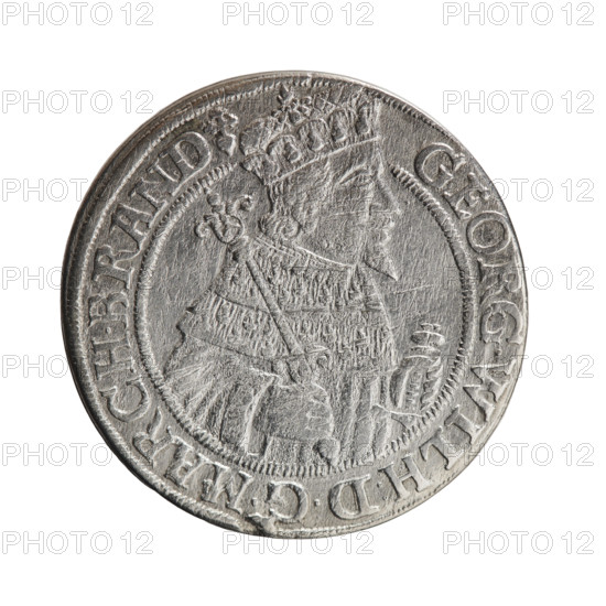 Obv. Bust facing right in mitre and electoral mantle; right hand holds a sceptre, left rests on a sword hilt; the figure's head divides the inner border. On the rim between the borders an inscription ending with a heart GEORG.WILH:DGMARCH.BRAND. Rev. Below the ducal mitre, a five-field coat of arms with ornaments; date numerals 2-5 on the sides of the shield. In the rim between the borders an inscription divided by a mitre .SA.ROM.IMP.ARCHIC.ELEC.D.PRVS. In the shield: eagle, griffin, lion, eagle. George William Hohenzollern (Elector of Brandenburg; Duke of Prussia; 1620–1640). 1625. Ducal Prussia (1525–1701), Königsberg. Coin: diameter 29.7 mm, weight 6.29 g, axis 0°.