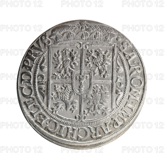 Pfahler, Ernest. Obverse: Bust facing right in mitre and electoral mantle, holding a sceptre in the right hand and resting the left on a sword hilt; the figure's head divides the inner border. On the rim between the borders an inscription ending with a heart GEORG.WILH:DGMARCH.BRAND. Reverse: Below the ducal mitre, a five-field coat of arms with ornaments; on the sides of the shield are the date numerals 2-5. In the rim between the borders an inscription divided by a mitre .SA.ROM.IMP.ARCHIC.ELEC.D.PRVS. In the shield: eagle, griffin, lion, eagle. Date: 1625. Region: Ducal Prussia (1525–1701), Königsberg. Medium: coin. Diameter: 29.7 mm; weight: 6.29 g; axis: 0°.