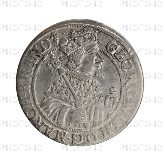 Obv. Bust facing right in mitre and electoral mantle. A sceptre in the right hand, the left resting on a sword hilt. The figure's head divides the inner border. On the rim between the borders is an inscription ending with a heart GEOR, ILH:DGMARCH.B, AND. Rw. Under the ducal mitre, a five-field coat of arms with ornaments. On the sides of the shield, date numerals 2-5. In the rim between the rims, an inscription divided by the mitre, beginning and ending with a rosette SA., IMP.ARCHIC.ELEC.D.PRVS. In the shield: eagle, griffin, lion, eagle. 1625. George William Hohenzollern (Elector of Brandenburg; Duke of Prussia; 1620–1640). Ducal Prussia (1525–1701), Königsberg. Coin: diameter 29.5 mm, weight 6.90 g, axis 0°. Makers: Pfahler, Ernest; Szymonski, Jan (1887–1954).