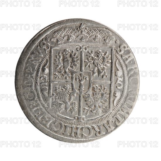 Obv. Bust facing right in mitre and electoral mantle. A sceptre in the right hand, the left resting on a sword hilt. The figure's head divides the inner border. On the rim between the borders is an inscription ending with a heart GEOR, ILH:DGMARCH.B, AND . Rw. Under the ducal mitre, a five-field coat of arms with ornaments. On the sides of the shield, date numerals 2-5. In the rim between the rims, an inscription divided by the mitre, beginning and ending with a rosette SA., IMP.ARCHIC.ELEC.D.PRVS. In the shield: eagle, griffin, lion, eagle. 1625. George William Hohenzollern (Elector of Brandenburg; Duke of Prussia; 1620–1640) — Ducal Prussia (1525–1701), Königsberg. Coin: diameter 29.5 mm, weight 6.90 g, axis 0°. Makers: Ernest Pfahler; Jan Szymonski (1887–1954).