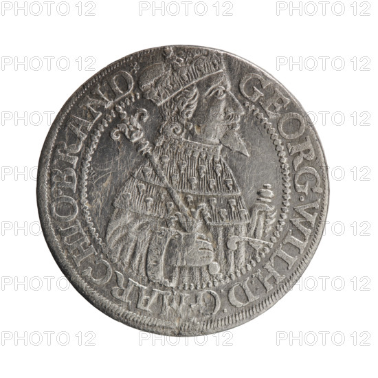 Obv. Bust facing right in mitre and electoral mantle. In the right hand a sceptre, the left resting on a sword hilt. The figure's head divides the inner border. In the rim between the borders is an inscription terminating in a rosette GEORG.WILH:D:G.MARCH.BRAND. Rev. Below the ducal mitre, a five-field coat of arms with ornaments. On the sides of the shield are date numerals 2-5. In the rim between the borders an inscription separated by a hallmark SA.ROM.IMP.AR - CHIC.EL.D.PRVS. In the shield: eagle, griffin, lion, eagle. 1625. Ducal Prussia (1525–1701), Königsberg. Coin: diameter 29.5 mm, weight 6.82 g, axis 0°.