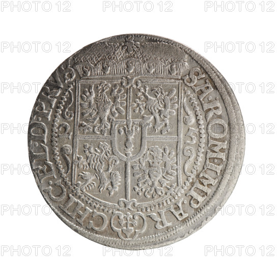 Obv. Bust facing right in mitre and electoral mantle. In the right hand a sceptre, the left resting on a sword hilt. The figure's head divides the inner border. In the rim between the borders is an inscription terminating in a rosette GEORG.WILH:D:G.MARCH.BRAND. Rev. Below the ducal mitre, a five-field coat of arms with ornaments. On the sides of the shield are date numerals 2-5. In the rim between the borders an inscription separated by a hallmark SA.ROM.IMP.AR - CHIC.EL.D.PRVS. In the shield: eagle, griffin, lion, eagle. 1625. Ducal Prussia (1525-1701), Königsberg. Coin: diameter 29.5 mm, weight 6.82 g, axis 0°.