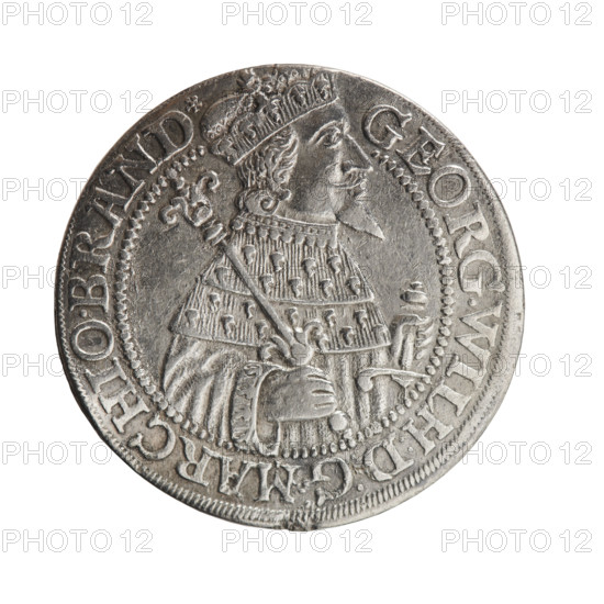 male busts in armor, coats of arms, George William Hohenzollern (Elector of Brandenburg; Duke of Prussia; 1620–1640) — Obv. Bust facing right in mitre and electoral mantle. In his right hand a sceptre, the left resting on a sword hilt. The figure's head divides the inner border. In the rim between the borders is an inscription terminating in a rosette GEORG.WILH:D:G:MARCHIO.BRAND. Rev. Below the ducal mitre, a five-field coat of arms with ornaments. On the sides of the shield are the numerals and dates 2-6. In the rim between the borders an inscription separated by the hallmark SA.ROM.IMP.AR - CHIC.EL.D.PRVS. In the shield: eagle, griffin, lion, eagle. 1626. Ducal Prussia (1525–1701), Königsberg; coin: diameter 29.6 mm, weight 6.34 g, axis 0 degrees.
