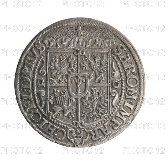Male bust in armor, coats of arms, George William Hohenzollern (Elector of Brandenburg; Duke of Prussia; 1620–1640) — iconography. Obv.: Bust facing right in mitre and electoral mantle; right hand holding a sceptre, left resting on a sword hilt; figure's head divides the inner border. In the rim between the borders an inscription terminating in a rosette: GEORG.WILH:D:G:MARCHIO.BRAND. Rev.: Below the ducal mitre, a five-field coat of arms with ornaments; on the sides of the shield the numerals and dates 2–6. In the rim between the borders an inscription separated by the hallmark SA.ROM.IMP.AR - CHIC.EL.D.PRVS. In the shield: eagle, griffin, lion, eagle; 1626. Ducal Prussia (1525–1701), Königsberg; coin. Diameter 29.6 mm, weight 6.34 g, axis 0°.