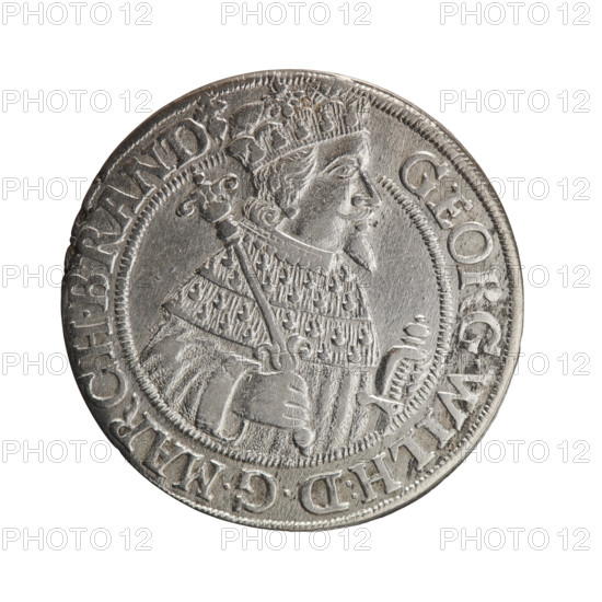 Male bust in armor, coats of arms, George William Hohenzollern (Elector of Brandenburg; Duke of Prussia; 1620–1640) — iconography. Obverse: bust facing right in mitre and electoral mantle, right hand holding a sceptre, left resting on a sword hilt; figure's head divides the inner border. Rim inscription ending with a heart: GEORG.WILH:DGMARCH.BRAND. Reverse: below the ducal mitre, a five-field coat of arms with ornaments; date numerals 2–5 on the sides of the shield. Rim inscription divided by a mitre: SA.R, CHIC.ELEC.D.PRVS. In the shield: eagle, griffin, lion, eagle; date 1625. Ducal Prussia (1525–1701), Königsberg. Coin: diameter 29.6 mm, weight 6.72 g, axis 0°.