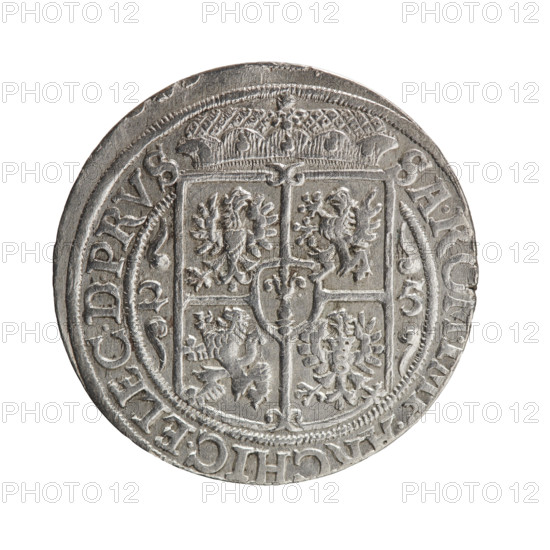 Male bust in armor, coats of arms, George William Hohenzollern (Elector of Brandenburg; Duke of Prussia; 1620–1640) — iconography. Obv.: Bust facing right in mitre and electoral mantle; right hand holding a sceptre, left resting on a sword hilt; figure's head divides the inner border. Rim between borders bears inscription ending with a heart GEORG.WILH:DGMARCH.BRAND. Rev.: Below the ducal mitre, a five-field coat of arms with ornaments; date numerals 2–5 on the sides of the shield. Rim between borders bears an inscription divided by a mitre SA.R, CHIC.ELEC.D.PRVS. In the shield: eagle, griffin, lion, eagle; date 1625. Ducal Prussia (1525–1701), Königsberg. Coin: diameter 29.6 mm, weight 6.72 g, axis 0°.