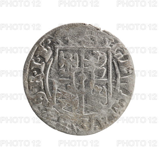one and a half; George William Hohenzollern (Elector of Brandenburg; Duke of Prussia; 1620–1640); Obverse: Under the ducal mitre, a five-field heraldic shield, below in the shield the value numeral 3. On the rim between the borders an inscription divided by the mitre and the value numeral GE.WI.MA. - BR.SRIE. Right: Royal orb with a cross with arms terminating in finials. In the lower part of the orb, value numerals 2 - 4. On the sides of the cross, date numerals 2 - . On the rim between the borders an inscription divided by a cross and a heart, located below the orb: E.NO. - DVC.PRV. 1626. Ducal Prussia (1525–1701), Königsberg. Coin; diameter 19.1 mm; weight 0.98 g; axis 180°