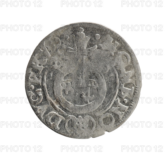 one and a half, George William Hohenzollern (Elector of Brandenburg; Duke of Prussia; 1620-1640), cross (iconographic), orb of rule (iconographic), coat of arms. Obverse: Under the ducal mitre, a five-field heraldic shield; below in the shield the value numeral 3. On the rim between the borders an inscription divided by the mitre and the value numeral GE.WI.MA. - BR.SRIE. Right: Royal orb with a cross with arms terminating in finials; in the lower part of the orb, value numerals 2 - 4. On the sides of the cross, date numerals 2 - . On the rim between the borders an inscription divided by a cross and a heart, located below the orb: E.NO. - DVC.PRV. 1626. Ducal Prussia (1525-1701), Königsberg; coin. Diameter 19.1 mm; weight 0.98 g; axis 180 degrees.