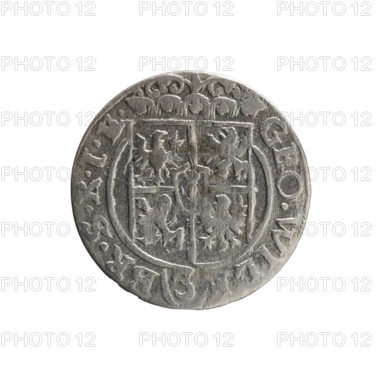 one and a half, cross (iconographic), George William Hohenzollern (Elector of Brandenburg; Duke of Prussia; 1620-1640), orb of reign (iconographic), coats of arms. Obv.: Under the ducal mitre a five-field coat of arms; below in the shield a value numeral 3. In the rim between the rims an inscription divided by the mitre and the value numeral GEO.WIL, - BR.SRIE. Rev.: Royal orb with a cross with arms ending in finials. In the lower part of the apple, value numerals 2 - 4. On the sides of the cross, date numerals 3 - 3. In the rim between the rims, an inscription divided by a cross and a heart, located below the apple: MONE., - D, .PRVS., 1633. Ducal Prussia (1525–1701), Königsberg; coin: diameter 18.4 mm, weight 0.90 g, axis 0°.