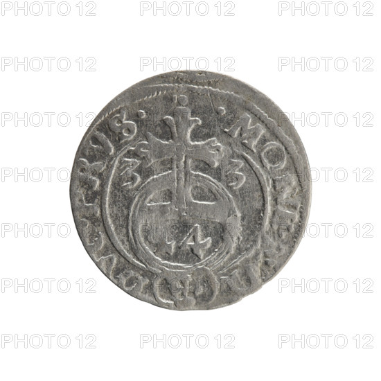 one and a half, cross (iconographic), George William Hohenzollern (Elector of Brandenburg; Duke of Prussia; 1620–1640), orb of reign (iconographic), coats of arms. Obv.: Under the ducal mitre a five-field coat of arms; below in the shield a value numeral 3. In the rim between the rims an inscription divided by the mitre and the value numeral GEO.WIL, - BR.SRIE. Rev.: Royal orb with a cross with arms ending in finials; in the lower part of the apple, value numerals 2 - 4; on the sides of the cross, date numerals 3 - 3. In the rim between the rims, an inscription divided by a cross and a heart, located below the apple: MONE., - D, .PRVS., 1633. Ducal Prussia (1525–1701), Königsberg. Coin; diameter 18.4 mm; weight 0.90 g; axis 0°.