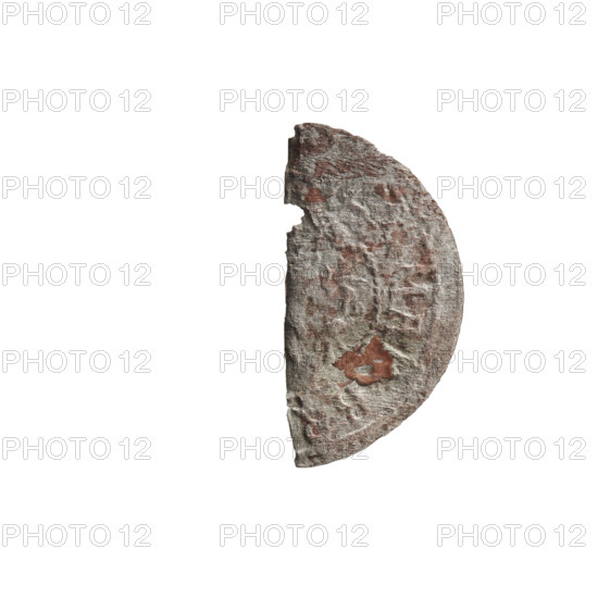 szelag; Pfahler, Ernest; George William Hohenzollern (Elector of Brandenburg; Prince of Prussia; 1620–1640); Ducal Prussia (1525–1701), Königsberg; coin, 1623–1633; obverse: preserved fragment of the silhouette of the Prussian eagle; obverse rim between borders inscribed {        M]A, BR, Rw; reverse: preserved lower part of the monogram composed of the letters GW; reverse rim between borders inscribed divided by the Hohenzollern coat of arms, VS.PR - V; diameters 8.3 mm and 15.8 mm; weight 0.23 g