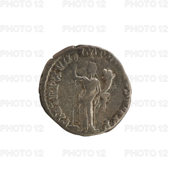 denarius, Commodus (161–192; Roman emperor 177–192); iconography: imperial busts; hoard find (Golub); personification Fides (Fidelity) with attributes banner and cornucopia; obverse inscription: L AEL AVRE MM AVG P FEL; obverse: emperor's head right, laurel wreath; reverse inscription: PM TR P XVII IMP VII, COS VII PP; reverse: Fides stands facing left, holding a banner in right hand and a cornucopia in left; pearl border; date ca. 192; Roman Empire (27 BC–476); Rome; coin; weight 2.69 g