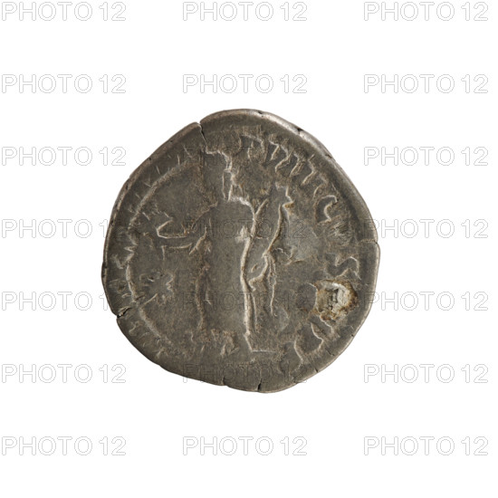Denarius of Commodus (161–192; Roman emperor 177–192). Obverse: Laureate, right-facing bust of the emperor with inscription 'L AEL AVREL CO MM' and pearly border. Reverse: Inscription 'M TR P XVII IMP VII' and depiction of Fortuna Felix standing left with one foot on the prow of a ship, holding a caduceus in her right hand and a cornucopia in her left; star in left field and pearl border. Roman Empire (27 BC–476), Rome. Coin; weight 2.83 g; axis 180°.