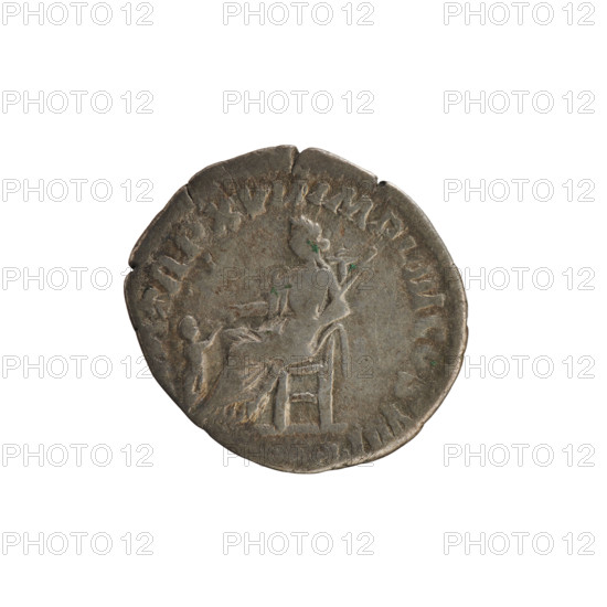 denarius, Commodus (161–192; Roman emperor 177–192). Obverse: laureate bust of the emperor right, inscription L AEL AVR MM AVG P FEL. Reverse: Pietas seated left, giving her right hand to a child standing before her, holding a scepter diagonally in her left hand, inscription M TR P XVII IMP VII COS VII PP. Pearled border. Roman Empire, 192. Coin, silver, weight 2.03 g, axis 180°.