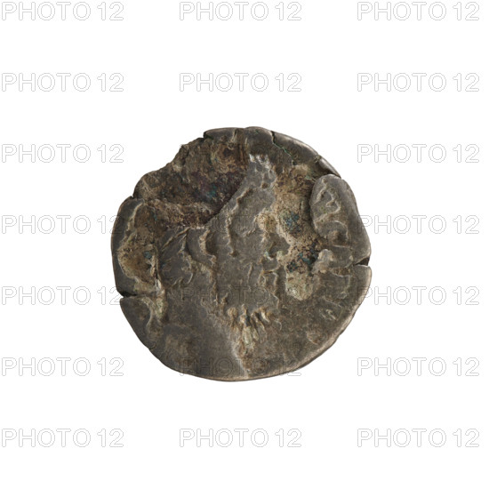 Denarius of Commodus (reigned 177–192). Obverse: emperor's head right, with laurel wreath. Reverse (inscription MART PAC PM, DES VI): naked Mars wearing a helmet and cloak, standing left, holding a branch in his right hand and a spear in his left. Roman Empire (27 BC–476), Rome; coin; weight 2.07 g; axis 180°.