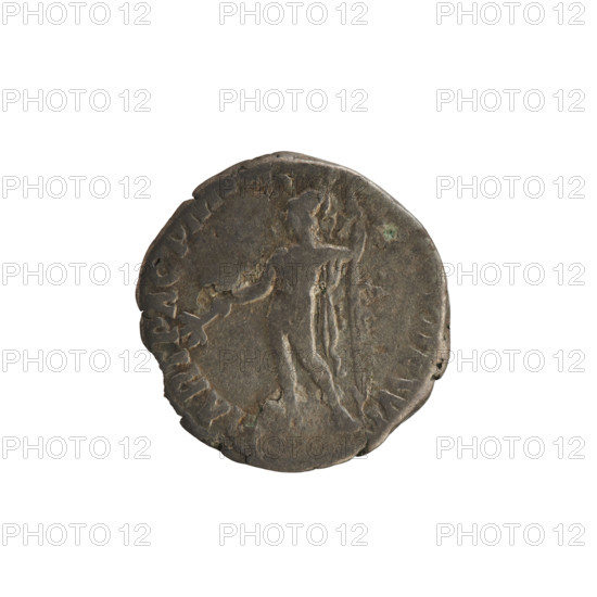 Denarius of Commodus (reigned 177–192). Obverse: Emperor's head right, with laurel wreath. Reverse (inscribed MART PAC PM, DES VI): Naked Mars, wearing a helmet and a cloak on his shoulders, standing facing left, holding a branch in his right hand and a spear in his left. Roman Empire (27 BC–476 AD), Rome. Coin; weight 2.07 g; axis 180°.