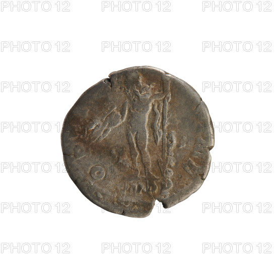 denarius of Commodus (reigned 177–192). Obverse: laureate bust of the emperor right, inscription 'MM ANT P FEL AVG', pearly border. Reverse: naked Jupiter left, holding a thunderbolt in his right hand and a scepter in his left, inscription 'OPTI, ME' and 'P P', pearly border. Date ca. 186–189. Roman Empire (27 BC–476). Coin; weight 2.48 g; axis 180°.