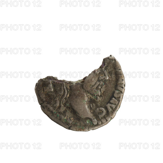 Denarius — coin fragment of Commodus (161–192; Roman emperor 177–192). Obverse: Emperor's head right, wearing a laurel wreath; inscription 'M COM NINVS AVG' (pearly border). Reverse: female figure facing left; inscription 'II IMP IIII COS' (pearl border). Dated ca. 181–182, Roman, Rome.