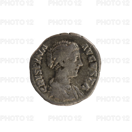 Denarius of Commodus (161–192) and Crispina (164–192?), Roman Empire, 178–191. Obverse: CRISPINA AVGVSTA — bust of the empress right, draped, hair in a bun, pearl border. Reverse: CONCORDIA — Concordia standing left, holding a patera in her right hand and a cornucopia in her left. Coin, silver, weight 2.82 g, axis 180°.