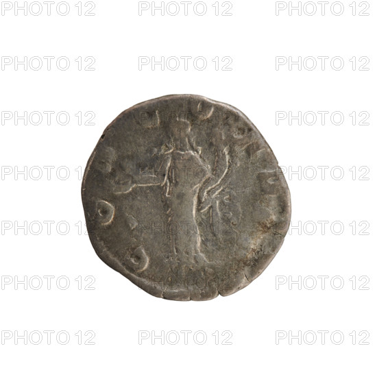 Denarius of Commodus (reigned 177–192) and Empress Crispina (active 178–191). Obverse: inscription 'CRISPINA AVGVSTA'; bust of the empress right, draped, hair tied in a bun, pearl border. Reverse: inscription 'CONCORDIA'; Concordia standing left, holding a patera in her right hand and a cornucopia in her left. Date: 178–191 CE. Rome, Roman Empire (27 BC–476). Coin; weight 2.82 g; axis 180°.
