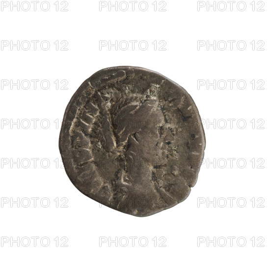 Denarius, Commodus (161–192; Roman emperor 177–192), Crispina (164–192?; Roman empress 178–191), imperial busts; hoard find. Iconography: Concordia (personification) holding a patera and a cornucopia. Obverse: 'CRISPINA AVGVSTA' (second part poorly legible) — bust of the empress right, in drapery with hair in a bun, pearl border. Reverse: 'CONCORD' — Concordia standing left, holding a patera in her right hand and a cornucopia in her left, pearl border. Date: 178–191. Place: Rome, Roman Empire. Object: coin (denarius), weight 2.81 g.