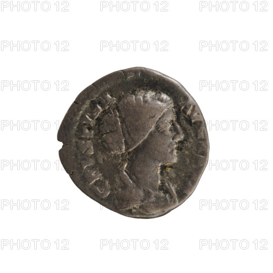Denarius of Commodus (reign 177–192) and Crispina (empress 178–191). Obverse: Bust of Empress Crispina right, draped, hair tied in a bun at the back, pearl border; legend: CRISPINA AVGVSTA (second segment cropped). Reverse: HILARITAS (personification) standing left, holding a long palm in her right hand and a cornucopia in her left, pearl border. Roman Empire, Rome, dated 178–191. Coin (denarius), weight 3.31 g.