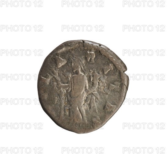 Denarius, Commodus (161–192) — Obv: Bust of Empress Crispina (164–192?) right, draped, hair in a bun, pearl border; legend (partially cropped) 'CRISPINA AVGVSTA'. Rev: Hilaritas standing left, holding a long palm in her right hand and a cornucopia in her left; pearl border. Roman Empire, Rome, 178–191 CE. Coin; weight 3.31 g.
