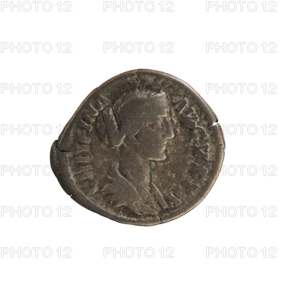 Denarius of Commodus (161–192) and Crispina (164–192?), Roman Empire, 178–191. Silver coin (denarius), weight 3.42 g, axis 180°. Obverse: Legend 'CRISPINA AVGVSTA'; bust of the empress right, draped, hair tied in a bun, pearl border. Reverse: Juno standing left, holding a patera in her right hand and a scepter in her left, with a peacock attribute in front; pearl border.