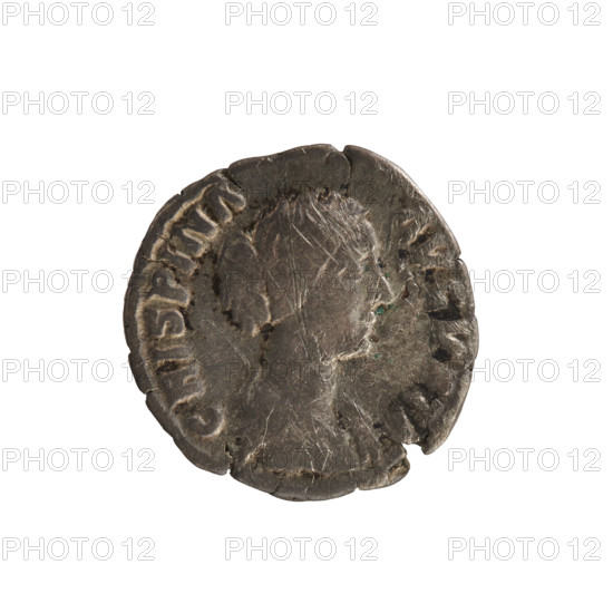 Denarius, Commodus (161–192), obverse: bust of Empress Crispina (164–192?) right, draped, hair in a bun, pearl border; inscription 'CRISPINA AVGVSTA'. Reverse: Juno standing left, holding a patera in her right hand and a scepter in her left, peacock in front; pearl border. Roman Empire, 178–191 CE. Coin; silver; weight 3.19 g; axis 180°.