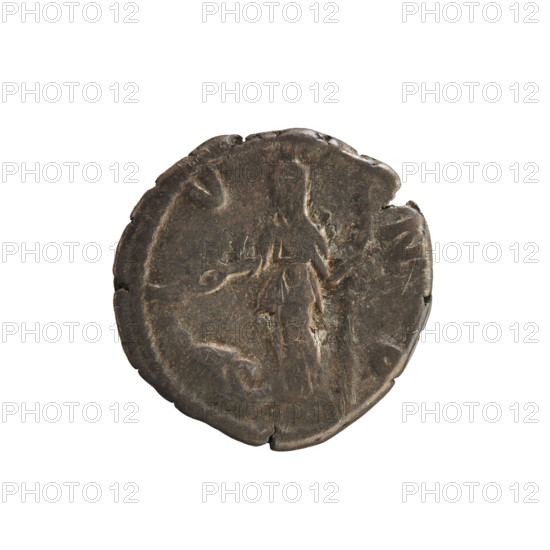 Denarius of Commodus (reign 177–192) depicting Empress Crispina (b. 164? – d. 191?), struck 178–191 CE, Roman Empire. Obverse: legend 'CRISPINA AVGVSTA', bust of the empress right, draped, hair tied in a bun at the back, pearl border. Reverse: legend 'IVNO' (Juno) standing left, holding a patera in her right hand and a scepter in her left, with a peacock before her; pearl border. Coin: Rome, silver, weight 3.19 g, axis 180°.