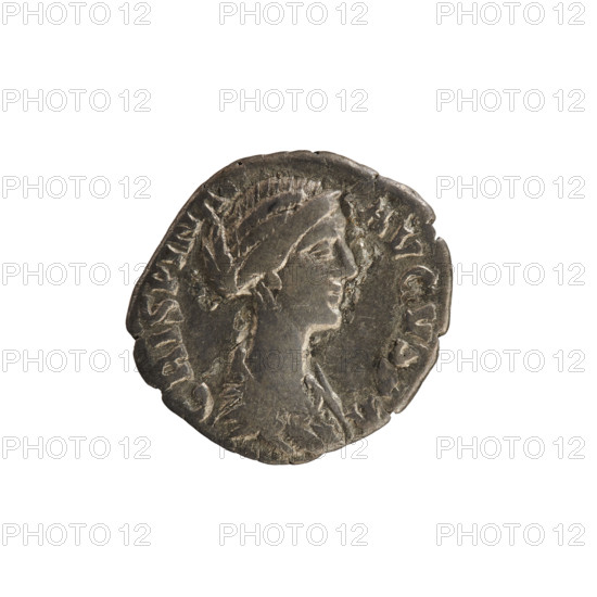 Denarius, Commodus (161–192; Roman emperor 177–192) and Crispina (164–192?; Roman empress 178–191). Obverse: CRISPINA AVGVSTA — bust of the empress to right, draped, hair tied in a bun at back of head. Reverse: V N O Juno stands facing left, holding a patera in her right hand and a scepter in her left; a peacock stands before her. Pearl border. Date: 178–191. Roman Empire (27 BC–476). Rome. Coin; weight 2.25 g.