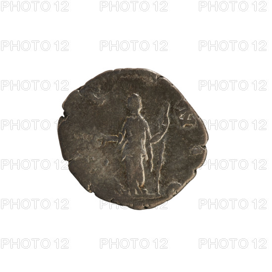 Denarius, Commodus (161–192; Roman emperor 177–192) and Crispina (164–192?; Roman empress 178–191). Obverse: 'CRISPINA AVGVSTA' — bust of the empress to right, draped, hair in a bun at the back of the head. Reverse: 'V N O' — Juno standing facing left, holding a patera in her right hand and a scepter in her left, a peacock in front of her. Pearl border. Date: 178–191. Roman Empire (27 BC–476), Rome. Coin; weight 2.25 g.