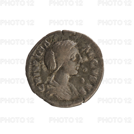 Denarius, 180–183 CE. Obverse: bust of Empress Crispina (draped, hair in a bun), pearl border, inscription 'CRISPINA AVGVSTA'. Reverse: Venus seated left on a throne, holding a statuette of Victoria in her right hand and a scepter in her left, pearl border, inscription 'VENV S F ELIX'. Roman Empire (27 BC–476), Rome. Silver coin, weight 3.07 g, axis 180°.